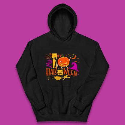 My 1st Halloween Cartoon Halloween Pumpkin Witch Hat Devil Smile Scary Spooky Season Kids Hoodie