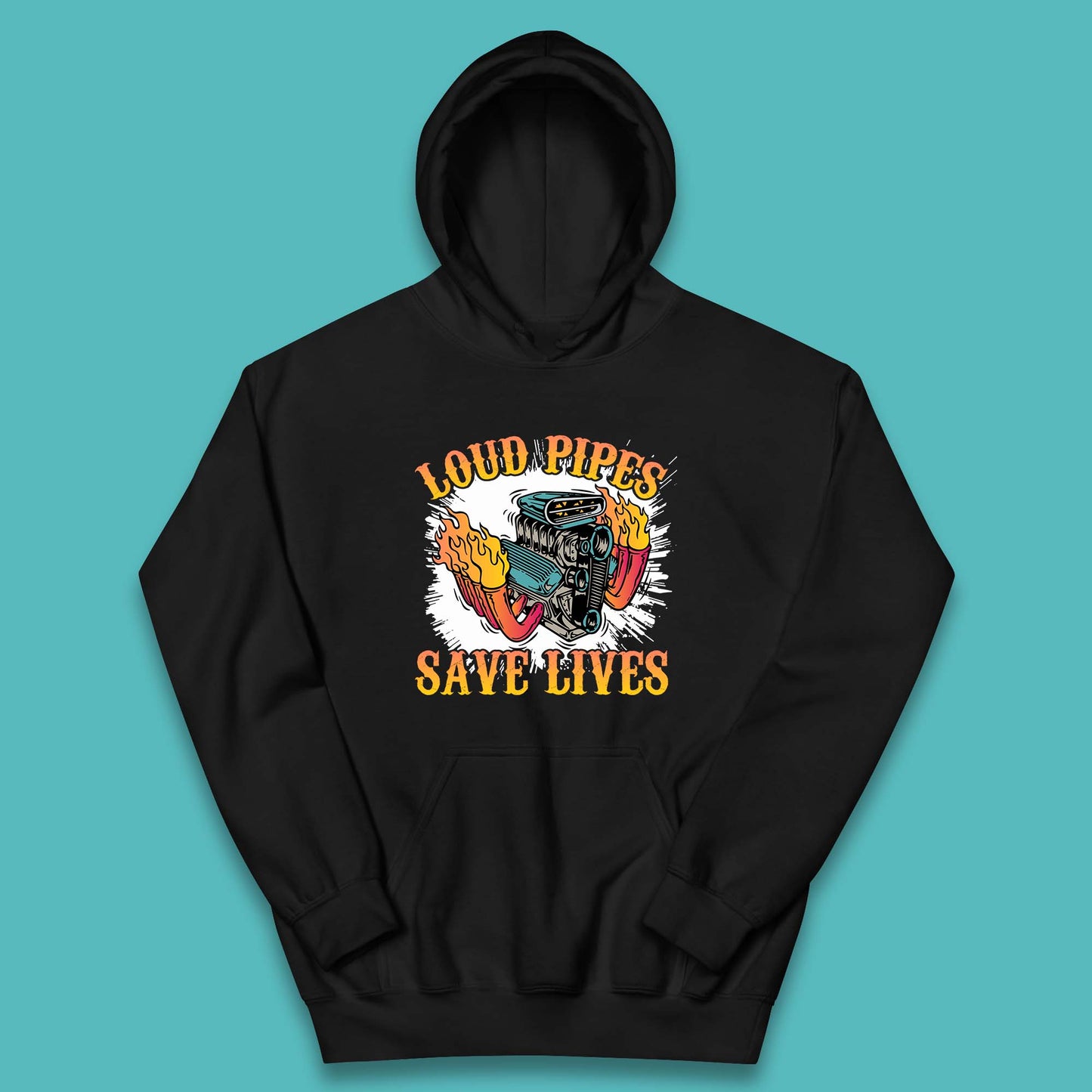 Loud Pipes Save Lives Hot Rod Motor Vehicle Flaming Engine Kids Hoodie