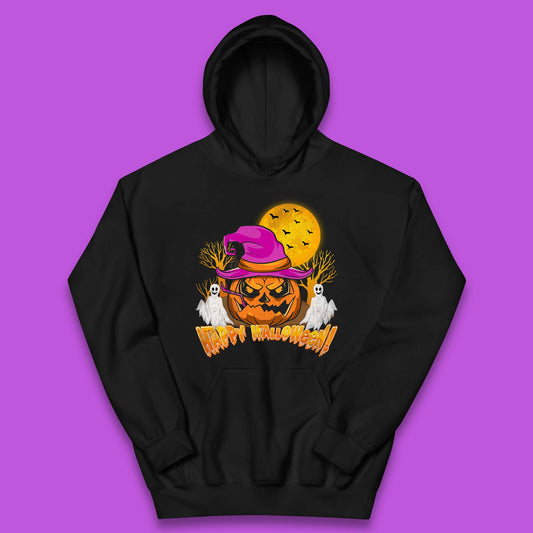 Happy Halloween Pumpkin Witch Hat Jack-o'-lantern With Full Moon Flying Bats Horror Scary Boo Ghost Kids Hoodie