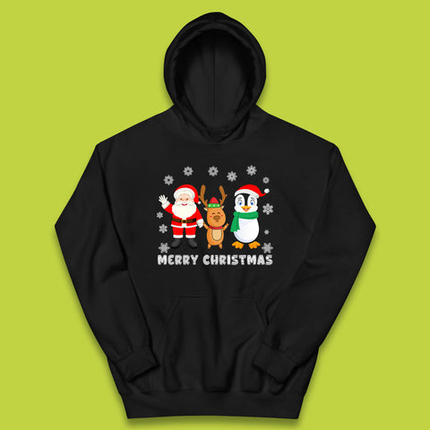 Merry Christmas Penguin, Santa Claus And Reindeer Xmas Kids Hoodie
