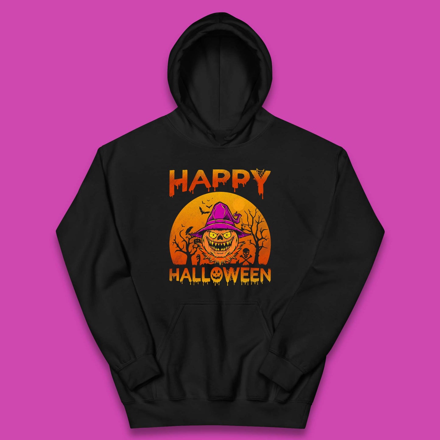 Happy Halloween Monster Pumpkin With Witch Hat Horror Scary Spooky Season Kids Hoodie