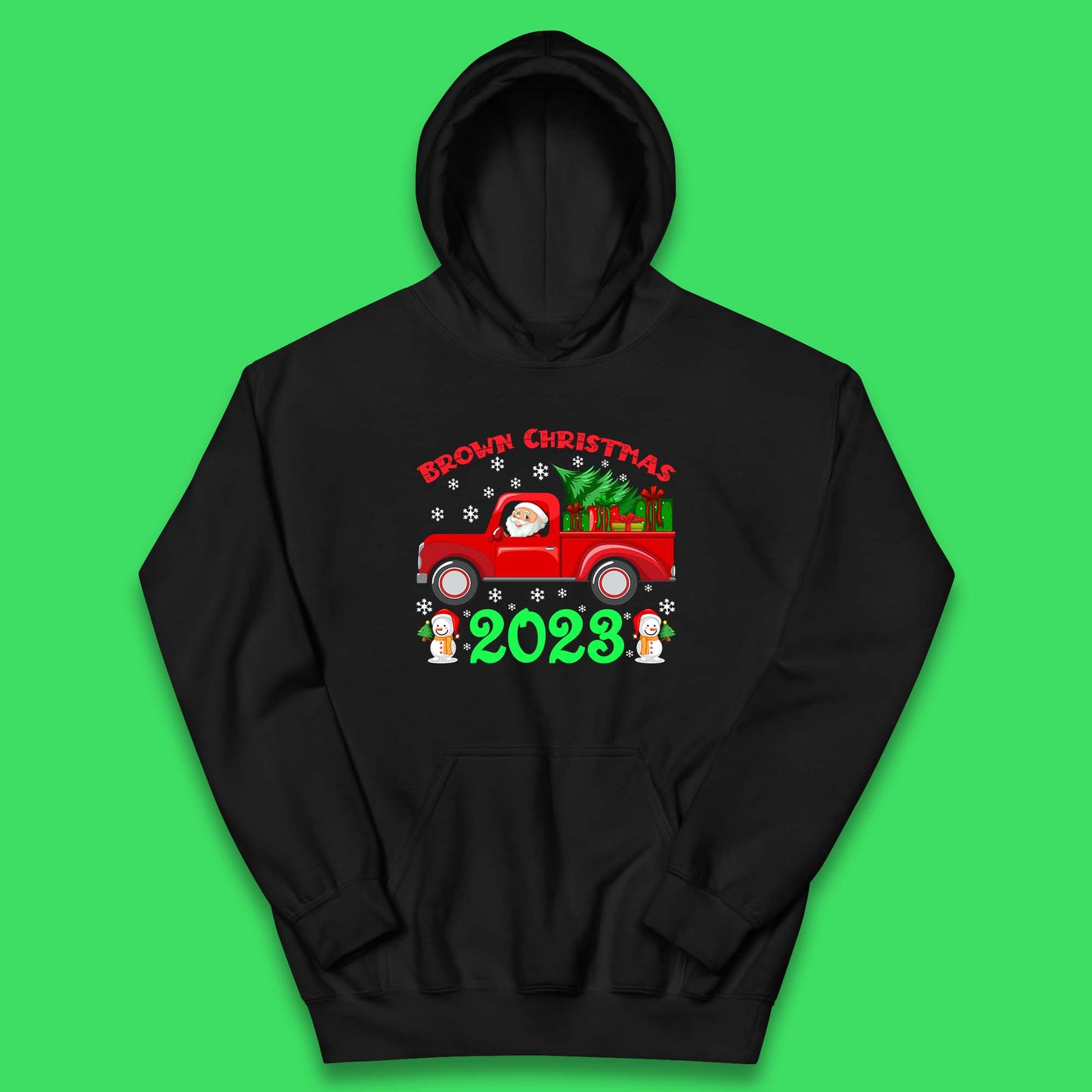 Brown Christmas 2023 Santa Claus Driving Truck With Christmas Tree To Delivery Christmas Gifts Xmas Kids Hoodie