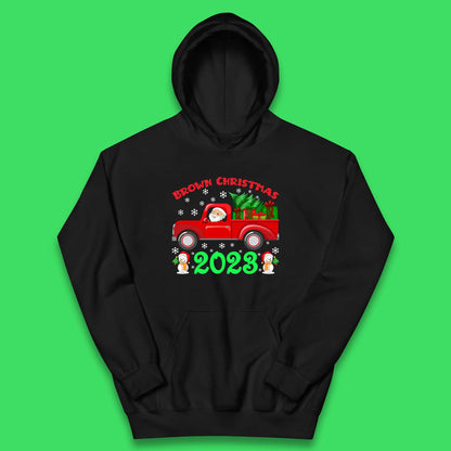 Brown Christmas 2023 Santa Claus Driving Truck With Christmas Tree To Delivery Christmas Gifts Xmas Kids Hoodie