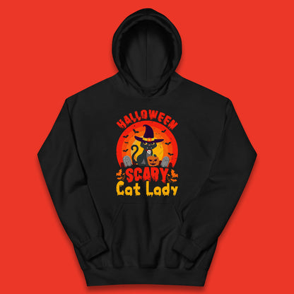 Halloween Scary Cat Lady Horror Spooky Witch Black Cat Lover Kids Hoodie