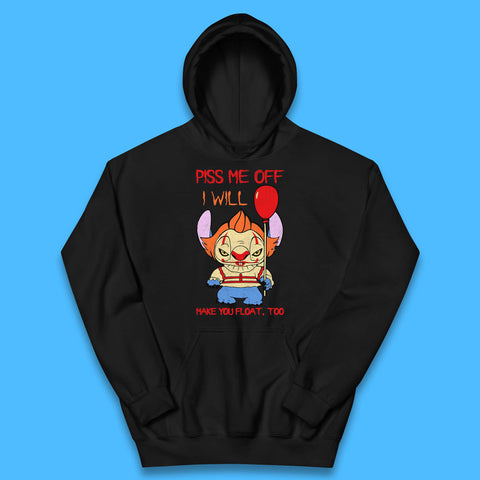 Piss Me Off I Will Make You Float, Too Halloween IT Pennywise Clown & Disney Stitch Movie Mashup Parody Kids Hoodie
