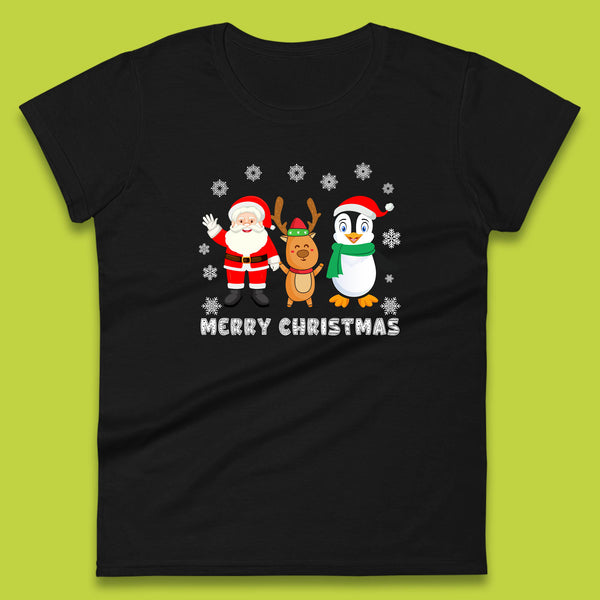 Merry Christmas Penguin, Santa Claus And Reindeer Xmas Womens Tee Top