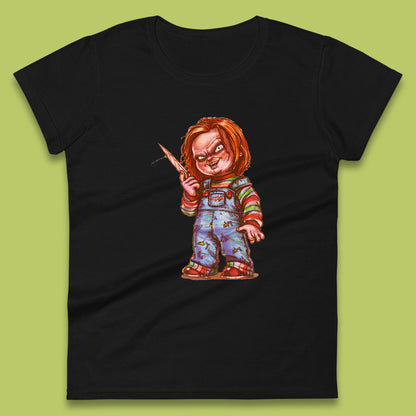 The Horror Movie Character Chucky With Knife Serial Killer Halloween Horror Movie Inspired Chucky Womens Tee Top