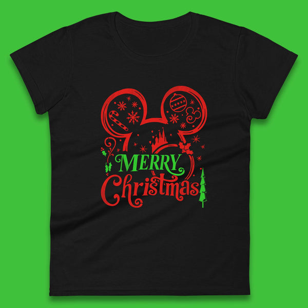 Merry Christmas Disney Mickey Mouse Head Magic Kingdom Xmas Disneyland Trip Womens Tee Top