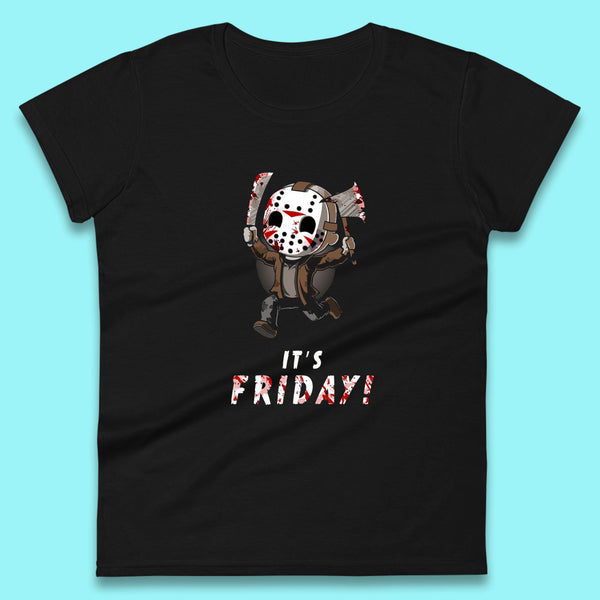 It's Friday Chibi Jason Voorhees Holding Bloody Knife & Bloody Axe Halloween Friday The 13th Horror Movie Womens Tee Top