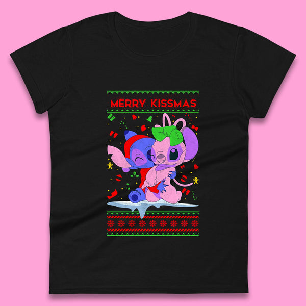 Merry Kissmas Christmas Disney Stitch And Angel Xmas Lilo & Stitch Womens Tee Top