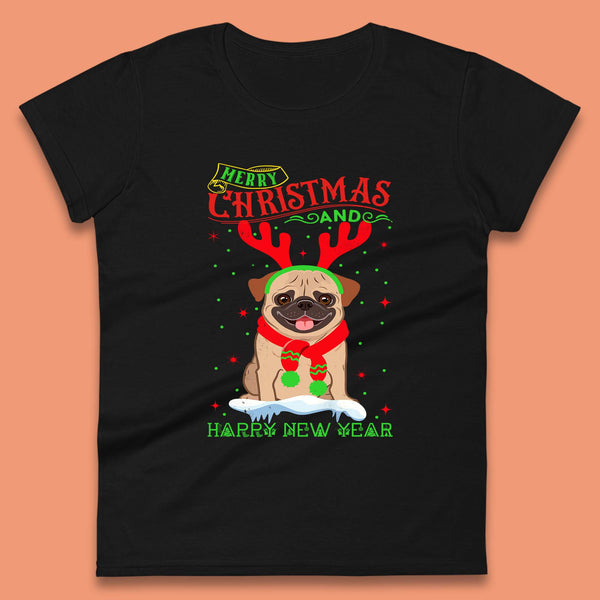 Merry Christmas And Happy New Year Pug Dog Wearing Red Scarf And Antlers Xmas Dog Lovers Womens Tee Top