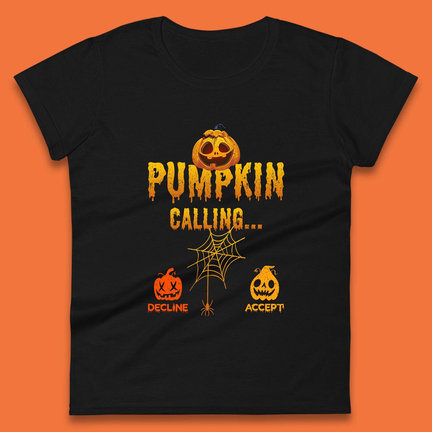 Halloween Pumpkin Calling Accept Decline Funny Jack O Lantern Horror Scary Phone Call Womens Tee Top