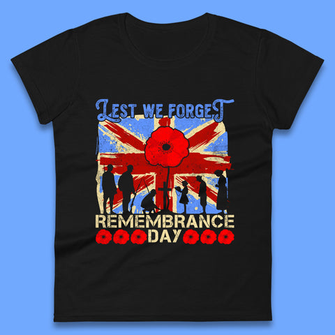 Lest We Forget British Armed Forces Union Jack Remembrance Day Poppy Uk Flag Royal Army Soldier Patriotic Womens Tee Top