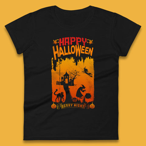 Happy Halloween Horror Hunted House Flying Witch Scary Spooky Night Womens Tee Top