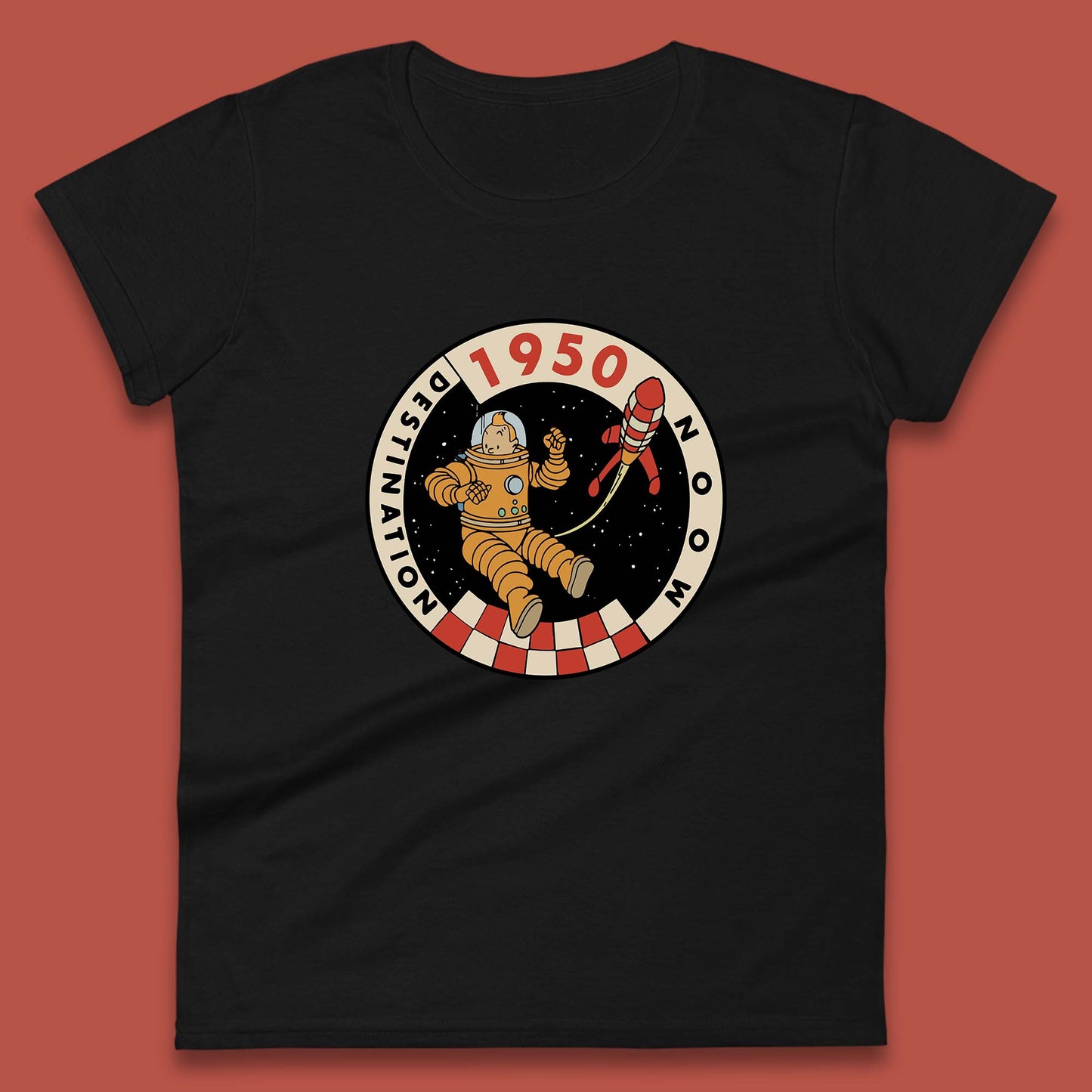 Destination Moon 1950 Astronaut Tintin The Lunar Rocket Retro Comic Space Adventure Womens Tee Top