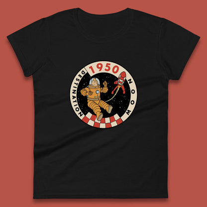Destination Moon 1950 Astronaut Tintin The Lunar Rocket Retro Comic Space Adventure Womens Tee Top
