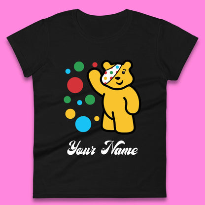 Personalised Spotty Pudsey Bear Hand Waving Dotty Spot Your Name Fundraising Spotty Bear Spotty Day Womens Tee Top