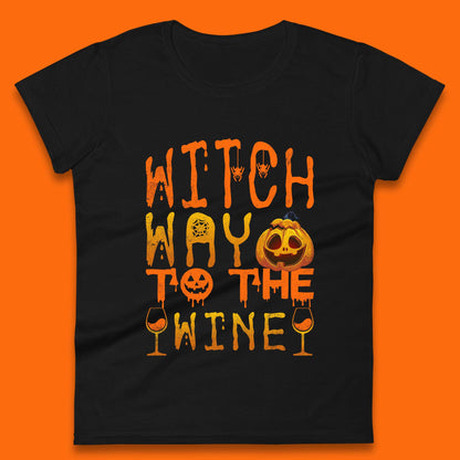 Witch Way To The Wine Funny Halloween Wine Drinking Lover Womens Tee Top
