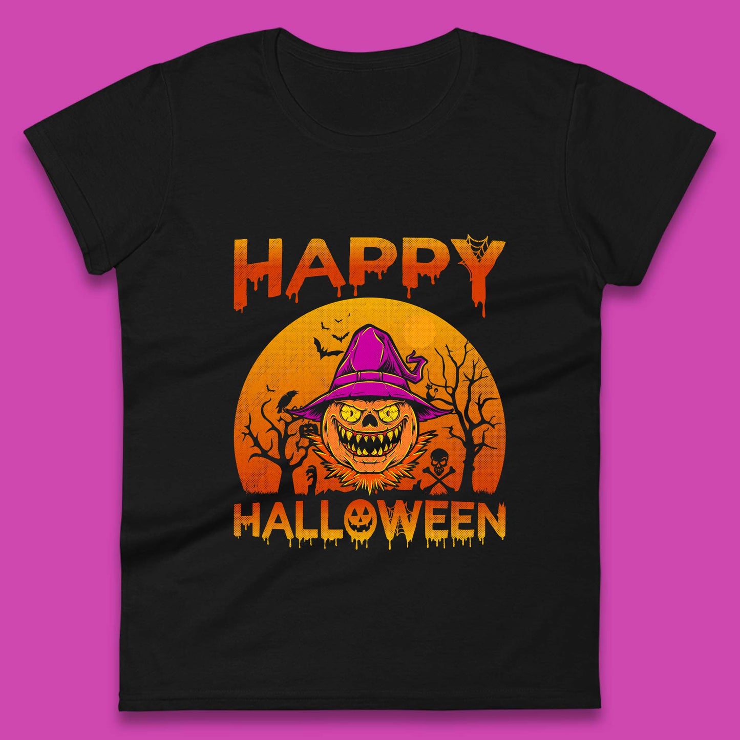 Happy Halloween Monster Pumpkin With Witch Hat Horror Scary Spooky Season Womens Tee Top
