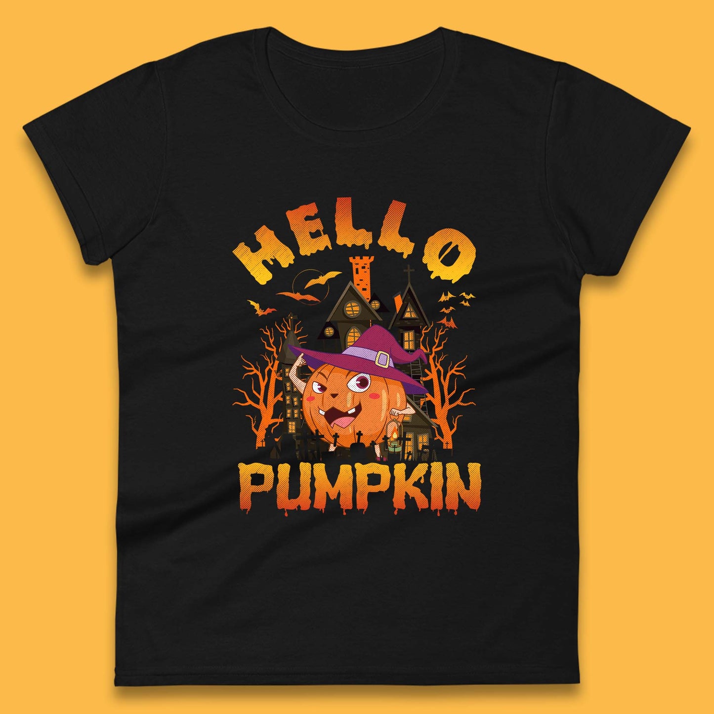 Hello Pumpkin Cartoon Halloween Pumpkin With Witch Hat Devil Smile Haunted Castle Womens Tee Top