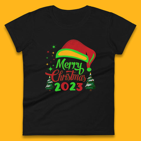 Merry Christmas 2023 Elf Hat Christmas Trees Xmas Gift Womens Tee Top