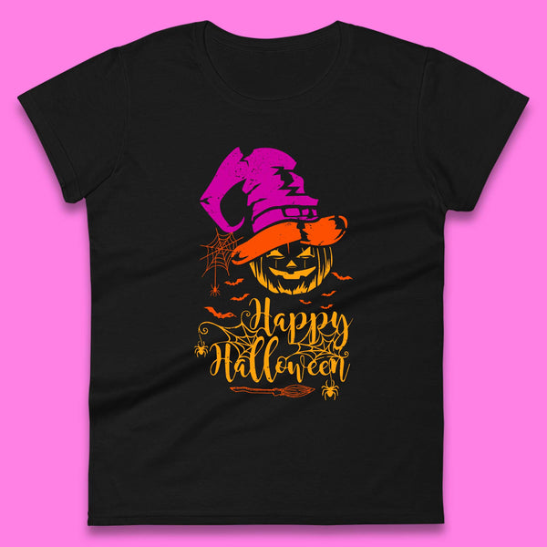 Happy Halloween Witch Hat Pumpkin Horror Scary Jack-o-lantern Flying Bats Womens Tee Top