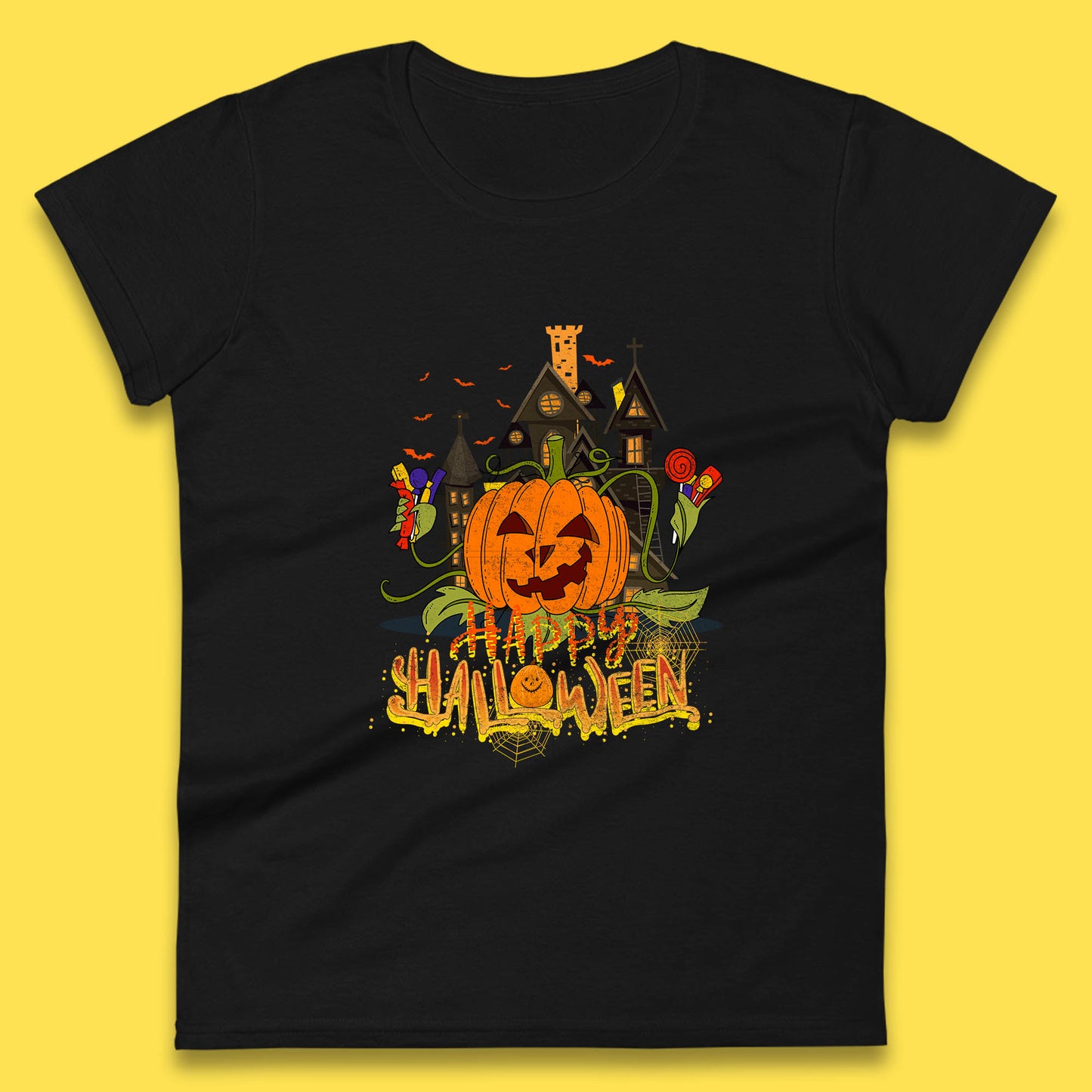 Happy Halloween Spooky Haunted House Halloween Pumpkin Horror Scary Jack-o-lantern Womens Tee Top