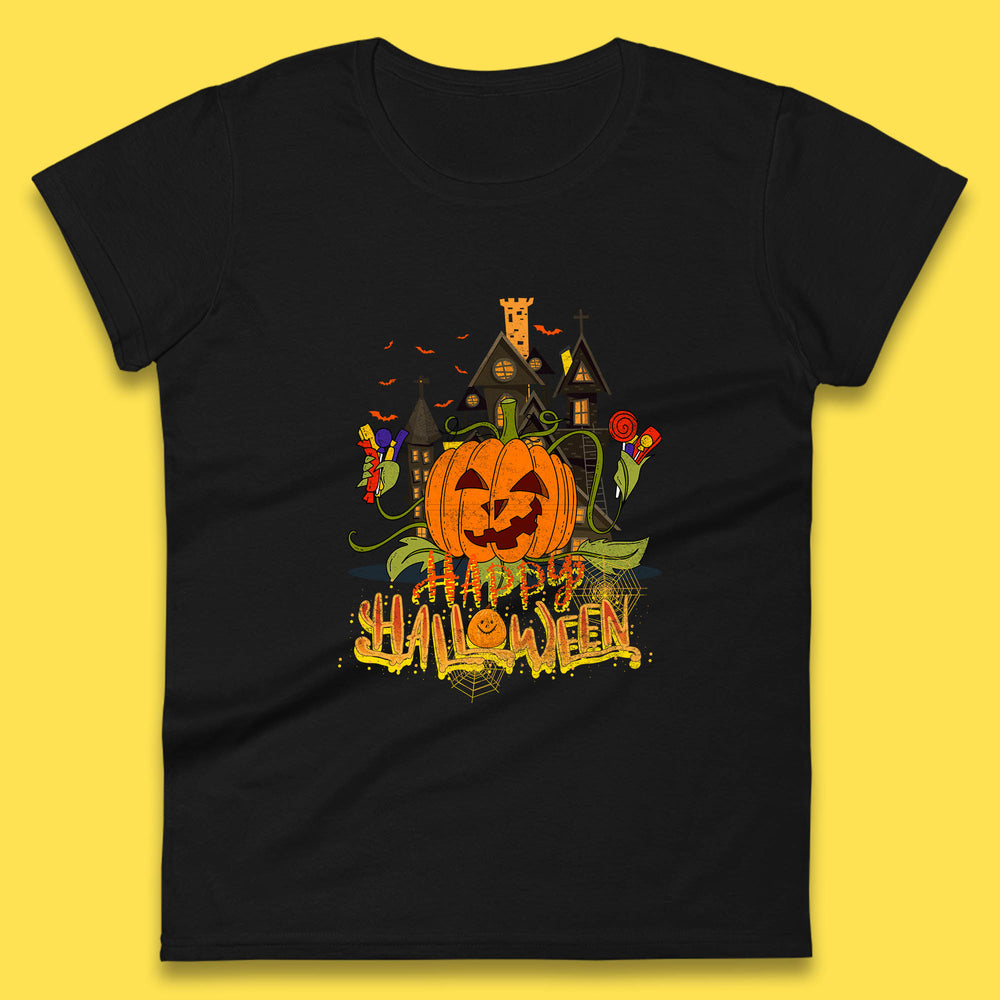Happy Halloween Spooky Haunted House Halloween Pumpkin Horror Scary Jack-o-lantern Womens Tee Top