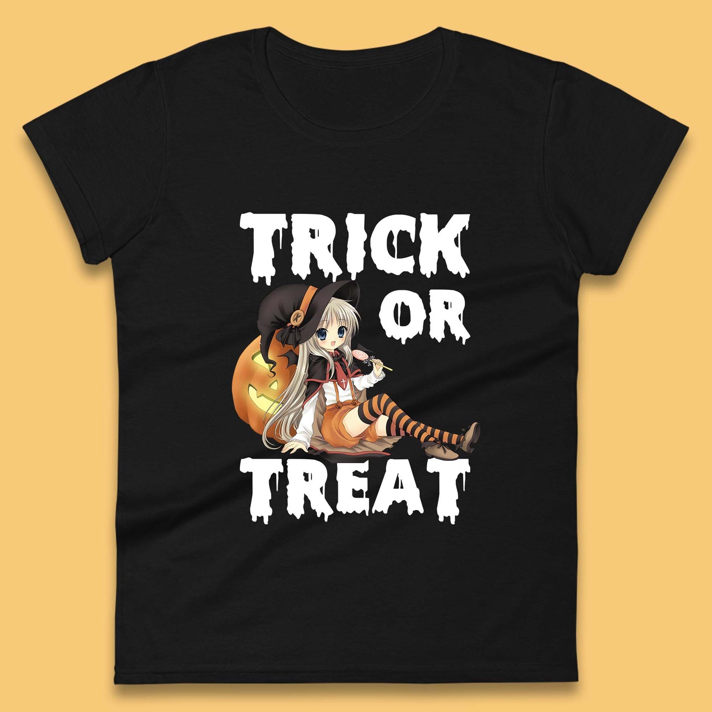 Trick Or Treat Halloween Witch Anime Horror Scary Pumpkin Halloween Costume Womens Tee Top
