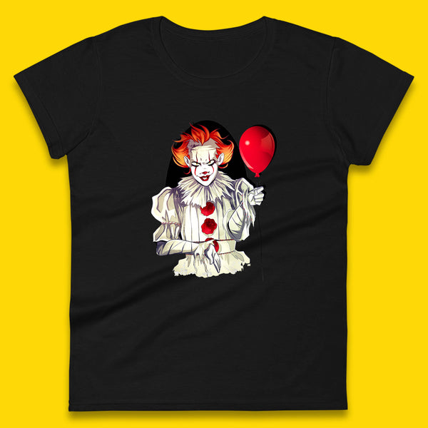 IT Pennywise Clown Holding Balloon Halloween Evil Pennywise Clown Costume Horror Movie Serial Killer Womens Tee Top