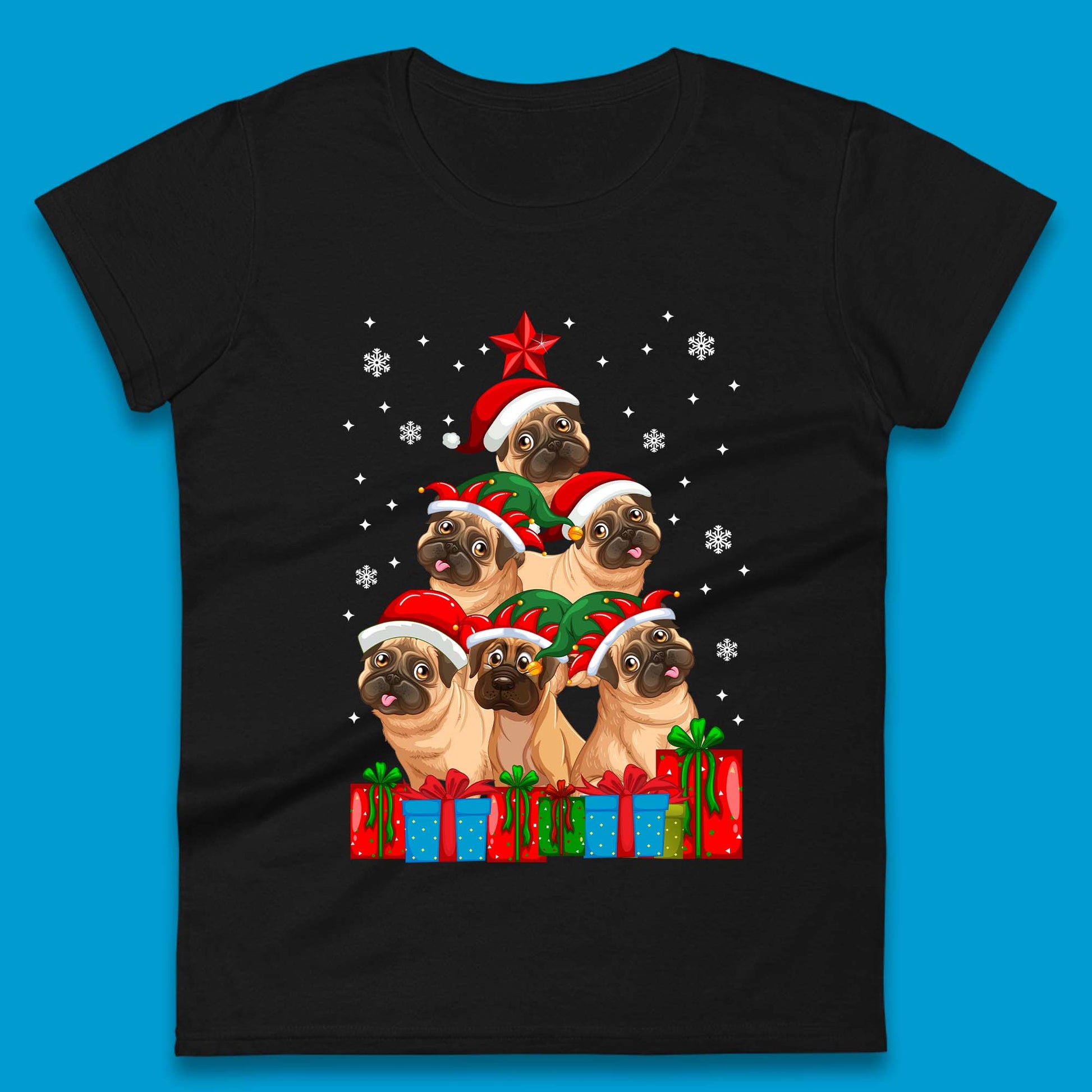 pug dog christmas womens t shirt