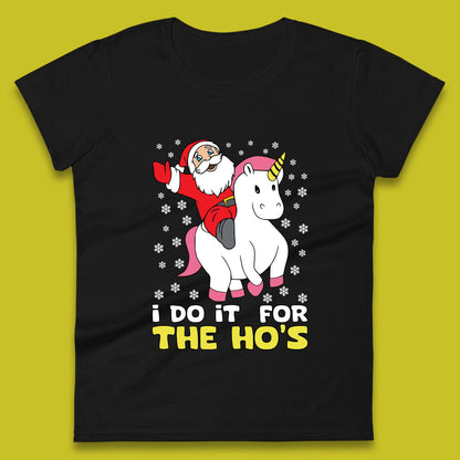 santa riding unicorn womens t shirt