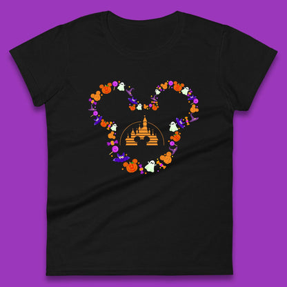 Disney Halloween Mickey Mouse Head Disney Castle Halloween Elements Horror Scary Womens Tee Top