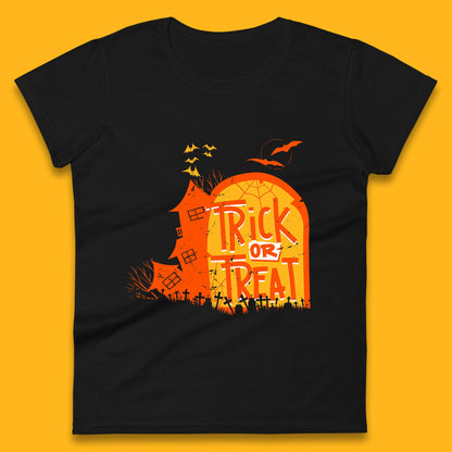 Trick Or Treat Halloween Terrific Abandoned Haunted House Flying Bats Womens Tee Top