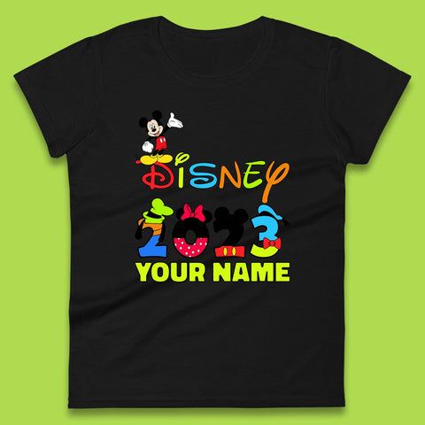 Personalised Disney 2023 Disney Club Your Name Mickey Mouse Minnie Mouse Donald Duck Pluto Goofy Cartoon Characters Disney Vacation Womens Tee Top