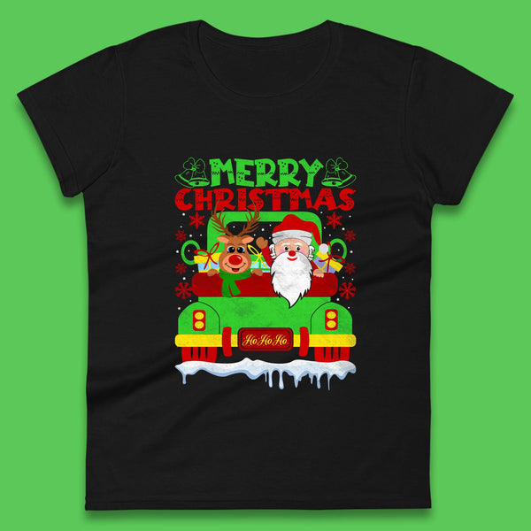 Merry Christmas Ho Ho Ho Christmas Truck Santa Reindeer Back Of Truck Xmas Womens Tee Top