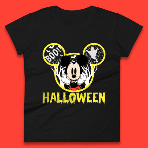 Disney Halloween Mickey Mouse Minnie Mouse Boo Ghost Horror Scary Disneyland Trip Womens Tee Top