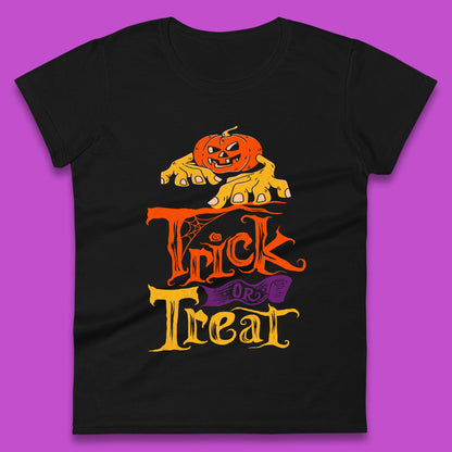 Halloween Trick Or Treat Horror Scary Evil Pumpkin With Zombie Hands Womens Tee Top