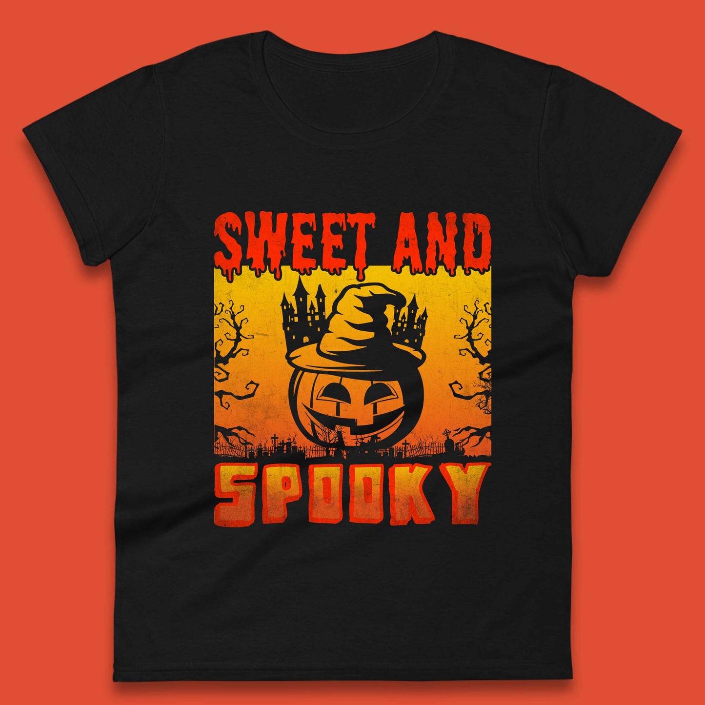 Sweet And Spooky Happy Halloween Witch Hat Pumpkin Horror Scary Season Womens Tee Top