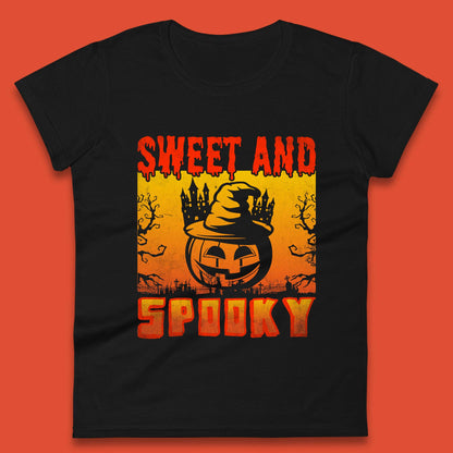Sweet And Spooky Happy Halloween Witch Hat Pumpkin Horror Scary Season Womens Tee Top