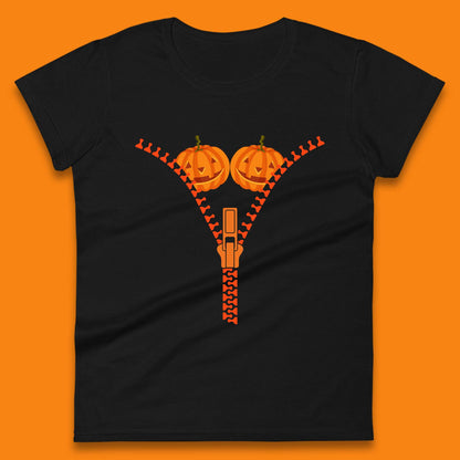 Pumpkin Boobies Zipper Happy Halloween Breast Costume Funny Zip Pumpkin Boobs Womens Tee Top