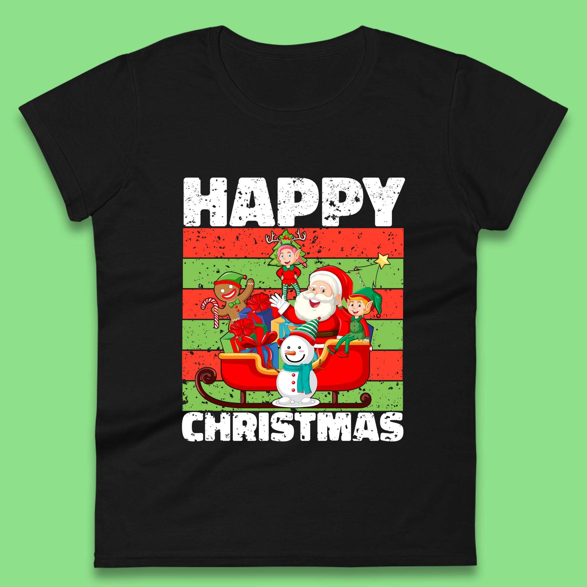 santa and friends on sleigh christmas womens t shirt