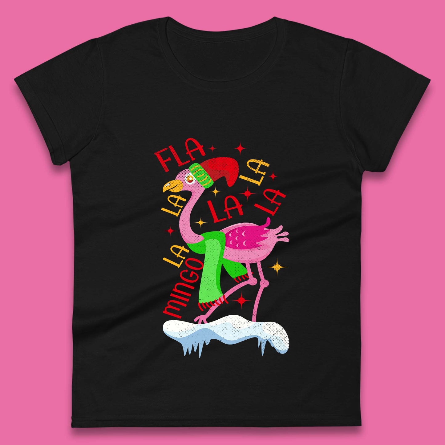 pink flamingo christmas womens t shirt