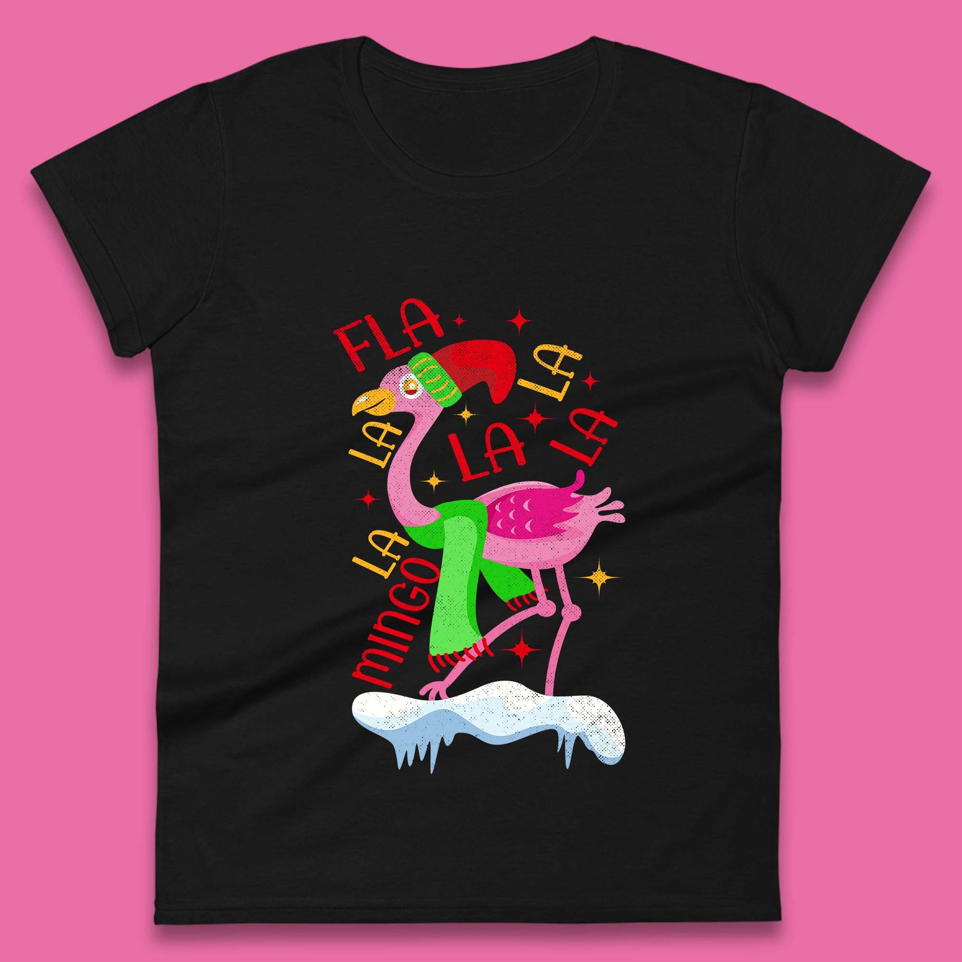 pink flamingo christmas womens t shirt