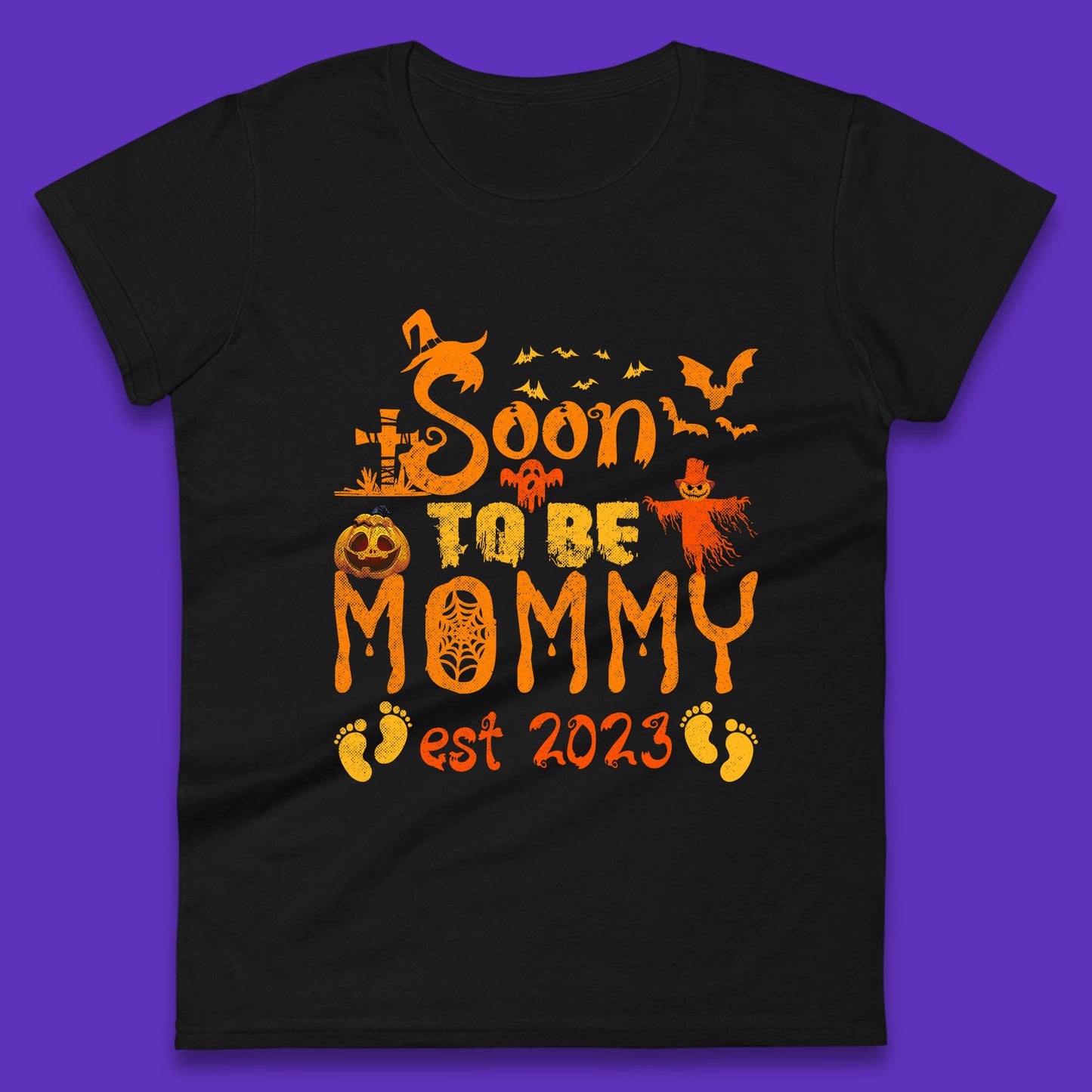 Soon To Be Mommy Est 2023 Halloween Pregnancy Announcement Expecting Mom Womens Tee Top