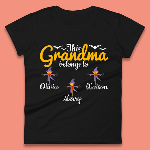 Personalised This Grandma Belongs To Your Name Halloween Grandma Scarecrow With Grandkid Names Gift Womens Tee Top