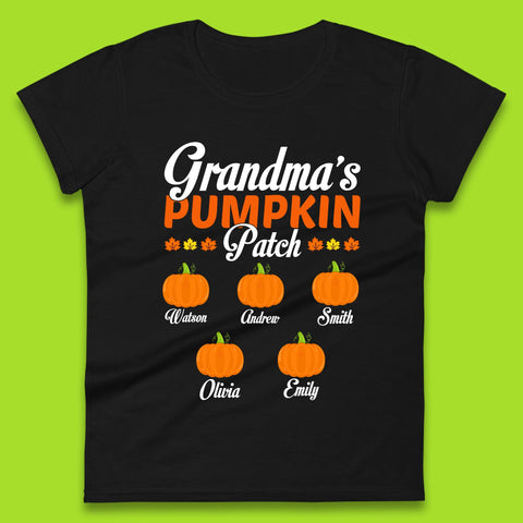 Personalised Grandma's Pumpkin Patch Your Name Halloween Grandma Pumpkin With Grandkid Names Gift Womens Tee Top