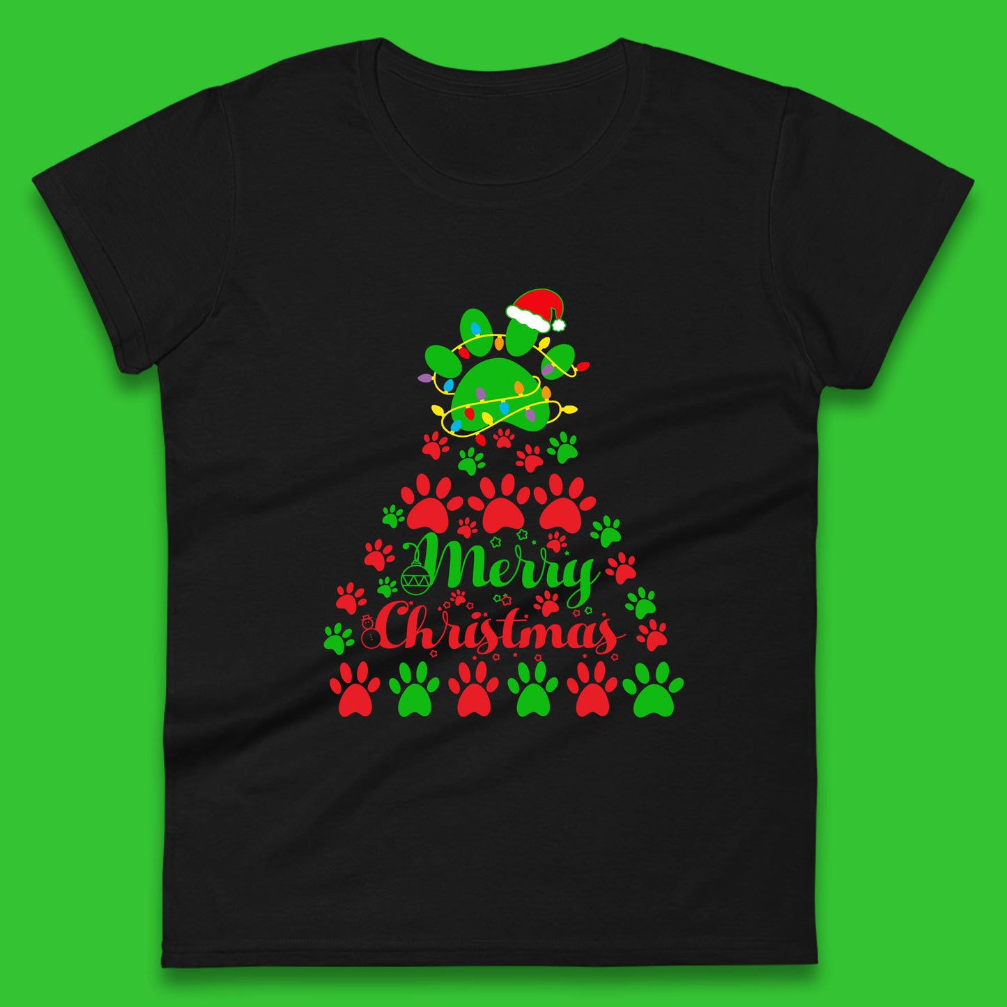 merry christmas paws tree womens t shirt