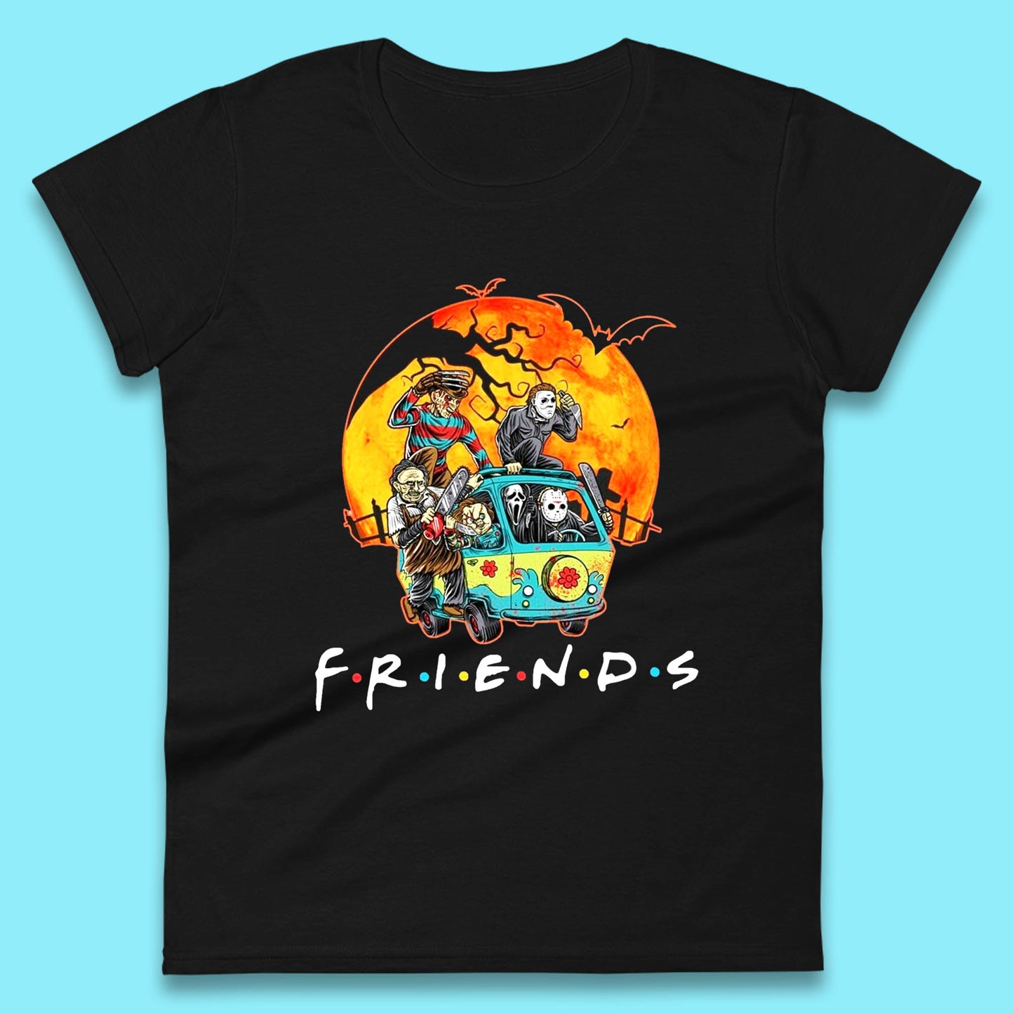 Friends Van Halloween Scooby Doo Mystery Machine Horror Movie Villians Characters Womens Tee Top