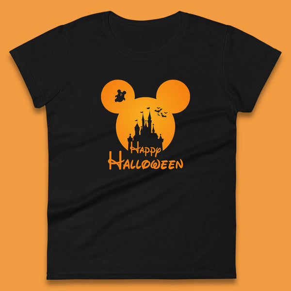 Happy Halloween Mickey Mouse Disney Castle Halloween Scary Boo Flying Bats Womens Tee Top